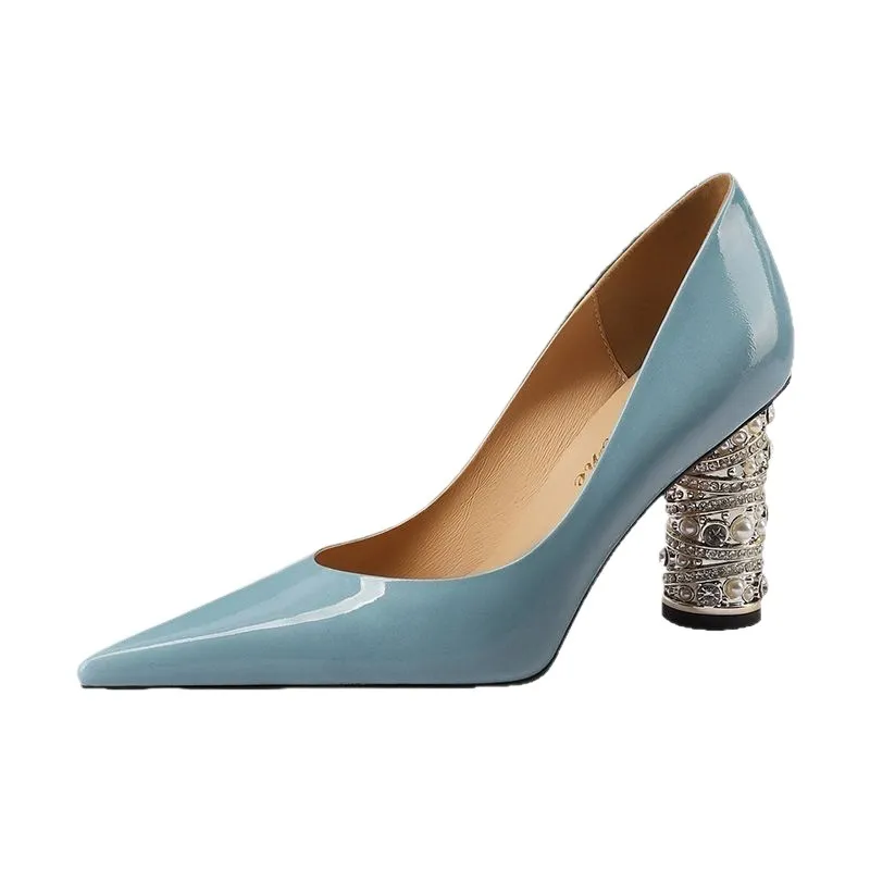 Elegant pearl and rhinestone chunky heeled high heels, spring denim patent leather, light luxury pointed toe high heels for banquets