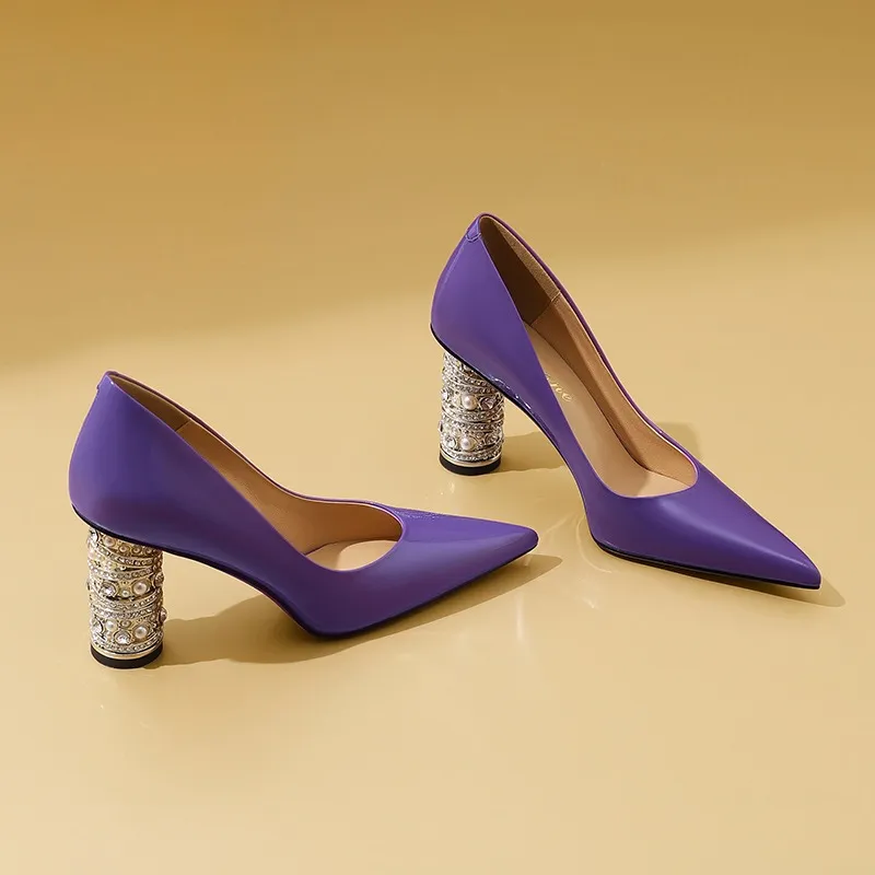 Elegant pearl and rhinestone chunky heeled high heels, spring denim patent leather, light luxury pointed toe high heels for banquets
