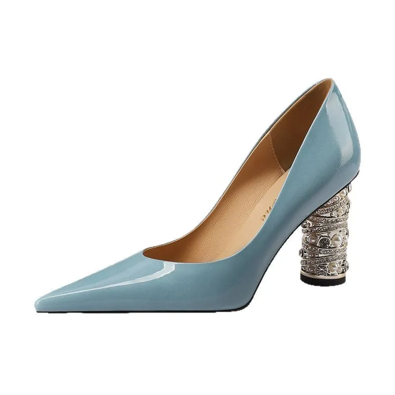 Elegant pearl and rhinestone chunky heeled high heels, spring denim patent leather, light luxury pointed toe high heels for banquets