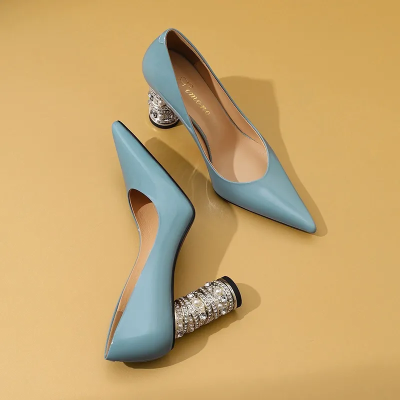 Elegant pearl and rhinestone chunky heeled high heels, spring denim patent leather, light luxury pointed toe high heels for banquets