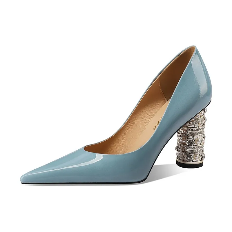 Elegant pearl and rhinestone chunky heeled high heels, spring denim patent leather, light luxury pointed toe high heels for banquets