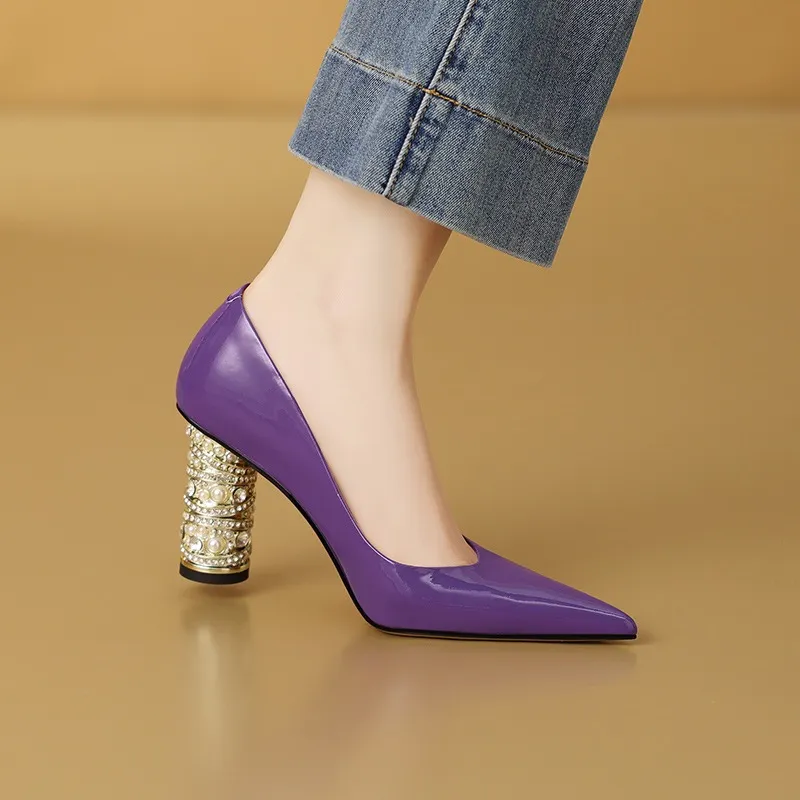 Elegant pearl and rhinestone chunky heeled high heels, spring denim patent leather, light luxury pointed toe high heels for banquets