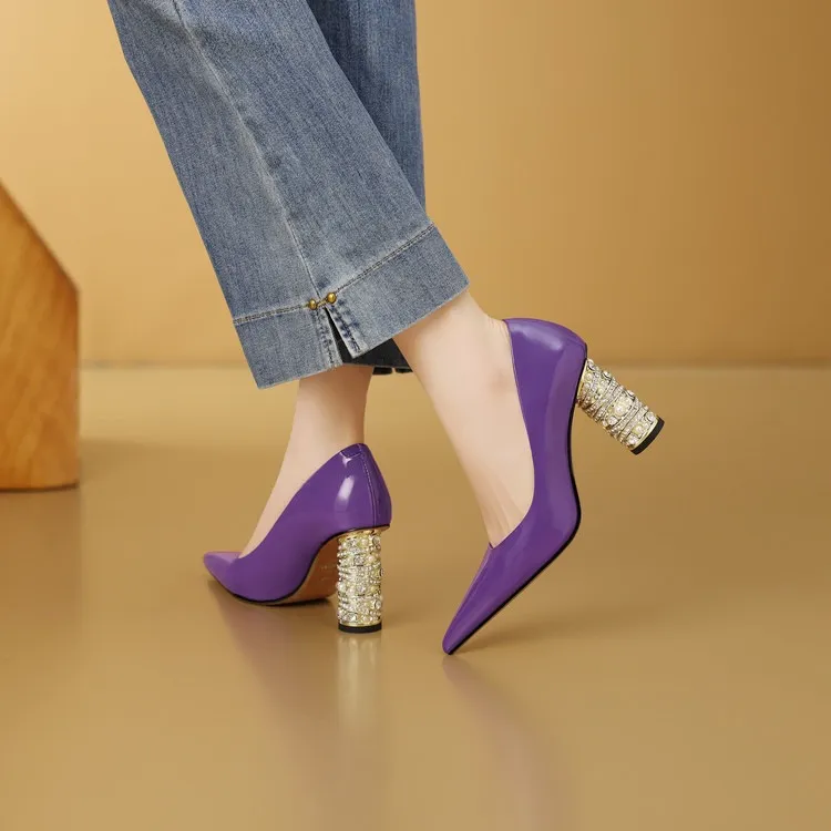 Elegant pearl and rhinestone chunky heeled high heels, spring denim patent leather, light luxury pointed toe high heels for banquets
