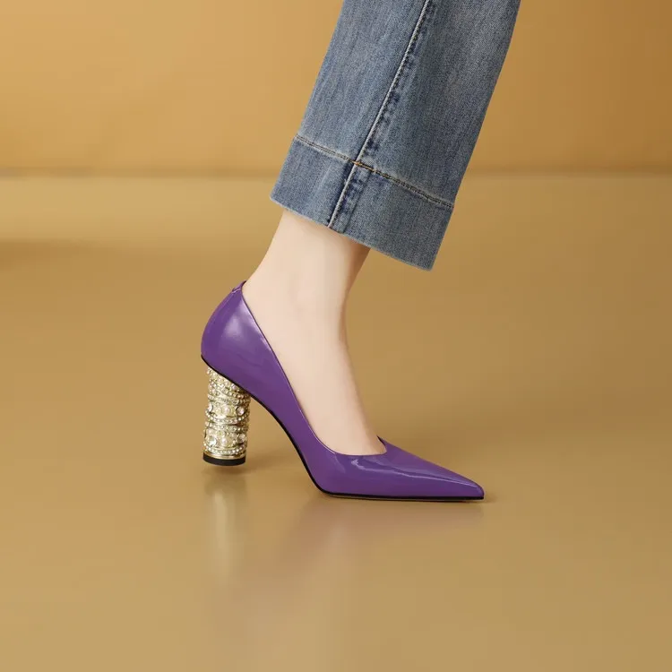 Elegant pearl and rhinestone chunky heeled high heels, spring denim patent leather, light luxury pointed toe high heels for banquets