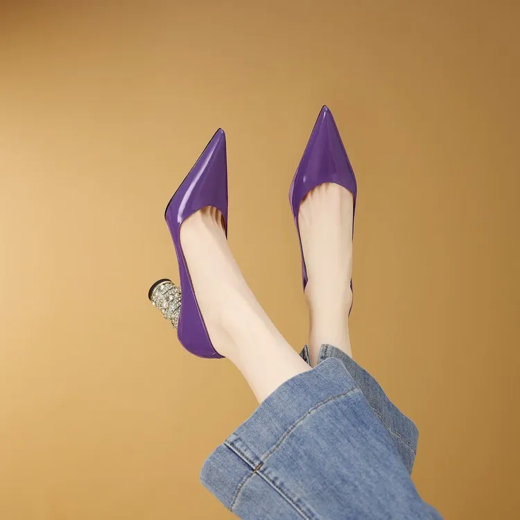 Elegant pearl and rhinestone chunky heeled high heels, spring denim patent leather, light luxury pointed toe high heels for banquets