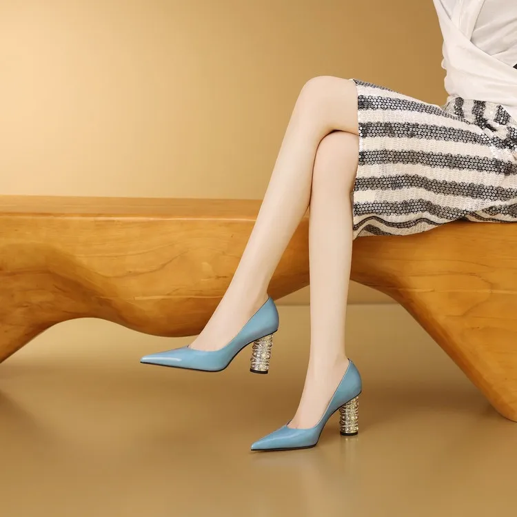 Elegant pearl and rhinestone chunky heeled high heels, spring denim patent leather, light luxury pointed toe high heels for banquets