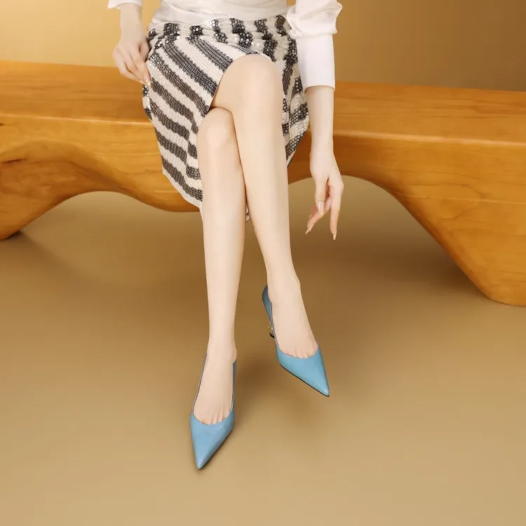 Elegant pearl and rhinestone chunky heeled high heels, spring denim patent leather, light luxury pointed toe high heels for banquets