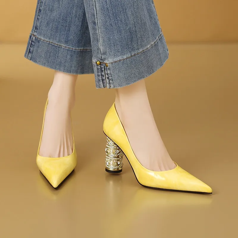 Elegant pearl and rhinestone chunky heeled high heels, spring denim patent leather, light luxury pointed toe high heels for banquets