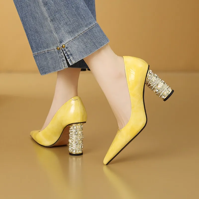 Elegant pearl and rhinestone chunky heeled high heels, spring denim patent leather, light luxury pointed toe high heels for banquets