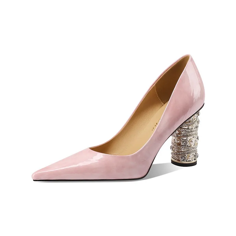 Elegant pearl and rhinestone chunky heeled high heels, spring denim patent leather, light luxury pointed toe high heels for banquets