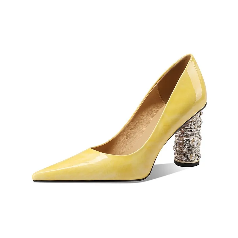 Elegant pearl and rhinestone chunky heeled high heels, spring denim patent leather, light luxury pointed toe high heels for banquets