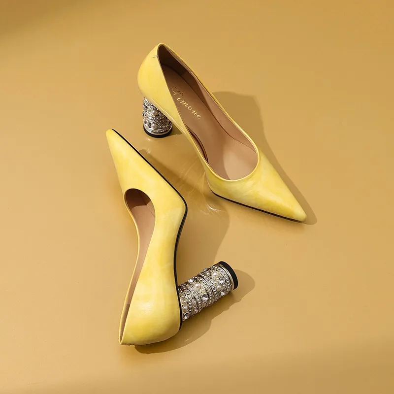 Elegant pearl and rhinestone chunky heeled high heels, spring denim patent leather, light luxury pointed toe high heels for banquets