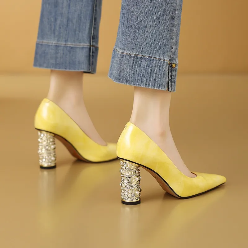 Elegant pearl and rhinestone chunky heeled high heels, spring denim patent leather, light luxury pointed toe high heels for banquets