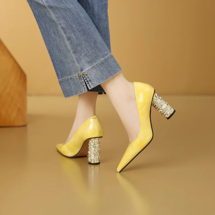 Elegant pearl and rhinestone chunky heeled high heels, spring denim patent leather, light luxury pointed toe high heels for banquets
