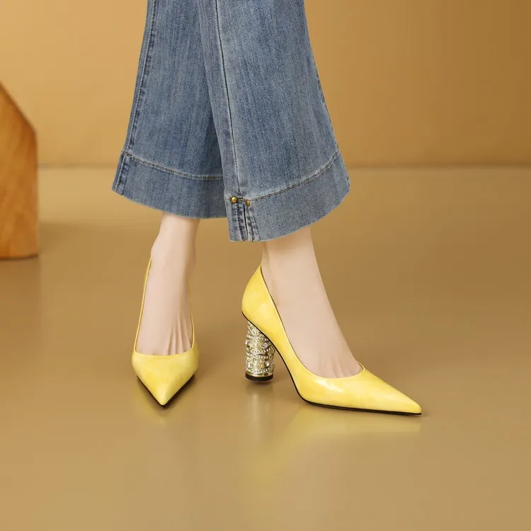 Elegant pearl and rhinestone chunky heeled high heels, spring denim patent leather, light luxury pointed toe high heels for banquets