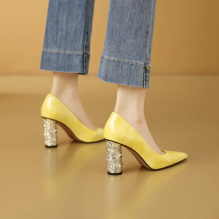 Elegant pearl and rhinestone chunky heeled high heels, spring denim patent leather, light luxury pointed toe high heels for banquets