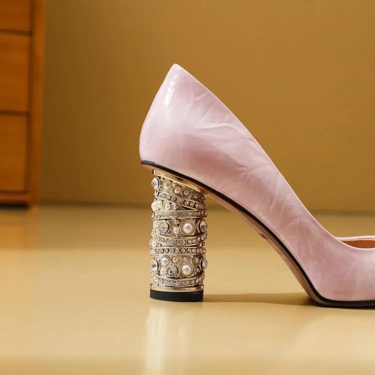 Elegant pearl and rhinestone chunky heeled high heels, spring denim patent leather, light luxury pointed toe high heels for banquets