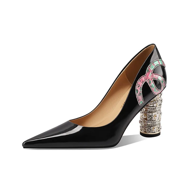 Elegant pearl and rhinestone chunky heeled high heels, spring denim patent leather, light luxury pointed toe high heels for banquets