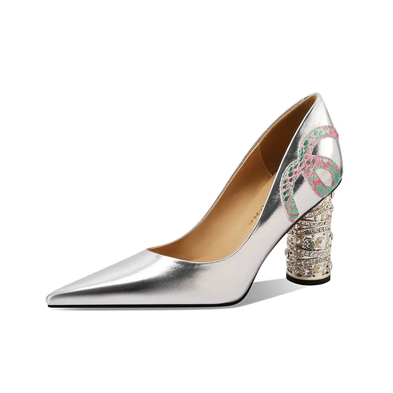 Elegant pearl and rhinestone chunky heeled high heels, spring denim patent leather, light luxury pointed toe high heels for banquets