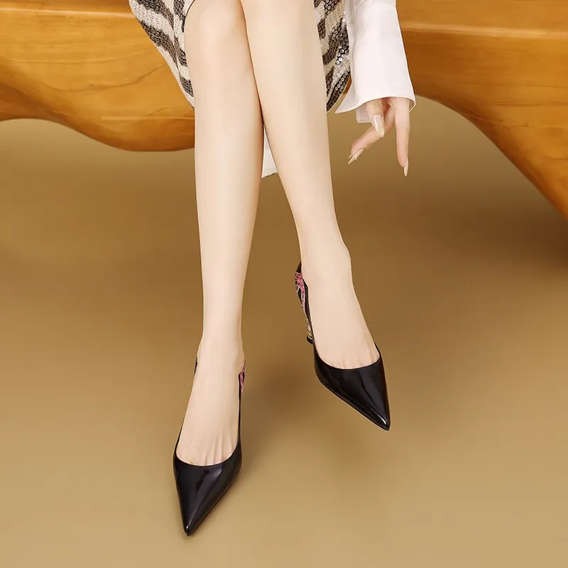 Elegant pearl and rhinestone chunky heeled high heels, spring denim patent leather, light luxury pointed toe high heels for banquets