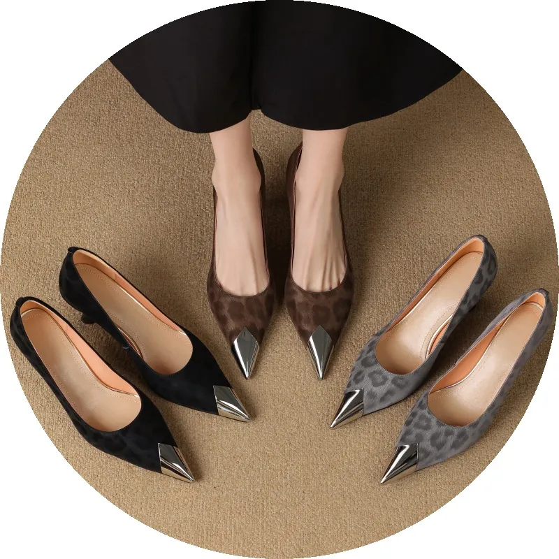 Women's low-cut, all-season leopard print cowhide leather pointed-toe high heels for spring and autumn, slip-on style, slimming stiletto heels