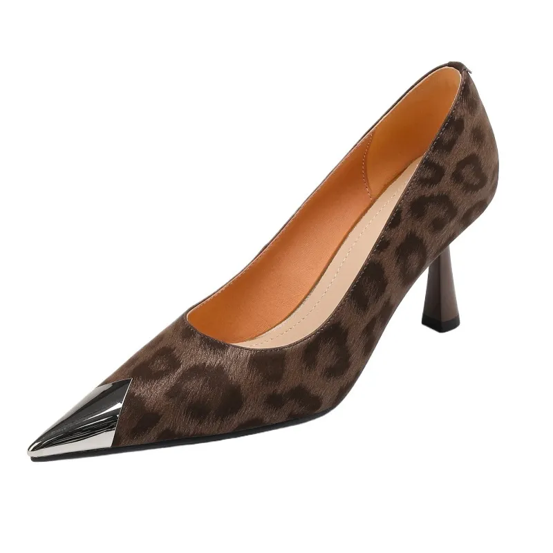 Women's low-cut, all-season leopard print cowhide leather pointed-toe high heels for spring and autumn, slip-on style, slimming stiletto heels