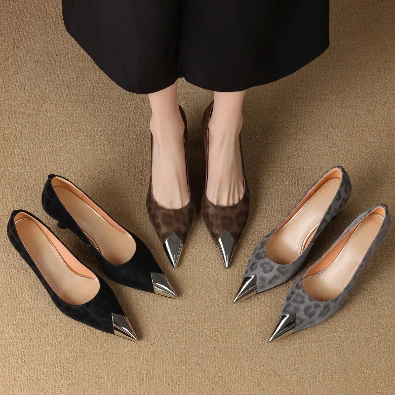 Women's low-cut, all-season leopard print cowhide leather pointed-toe high heels for spring and autumn, slip-on style, slimming stiletto heels