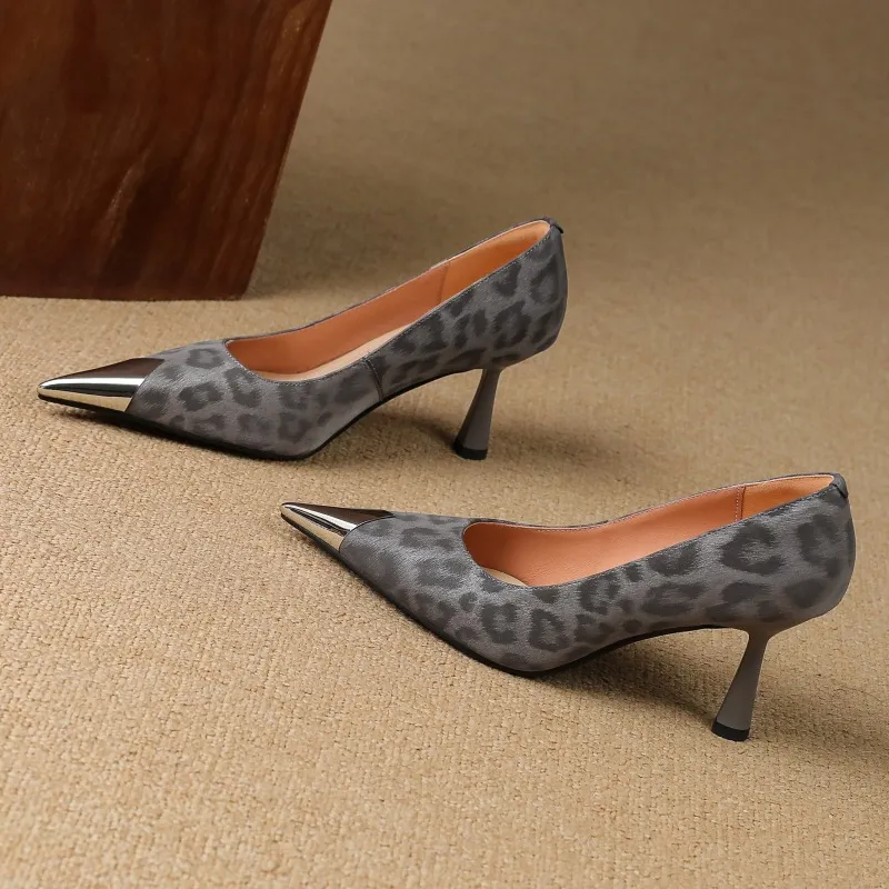 Women's low-cut, all-season leopard print cowhide leather pointed-toe high heels for spring and autumn, slip-on style, slimming stiletto heels