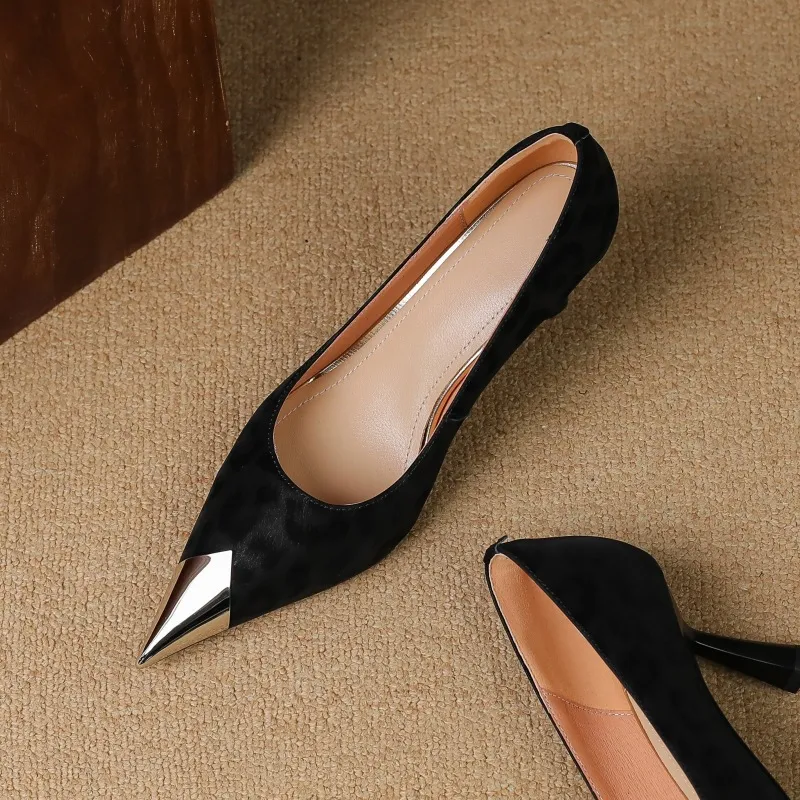 Women's low-cut, all-season leopard print cowhide leather pointed-toe high heels for spring and autumn, slip-on style, slimming stiletto heels