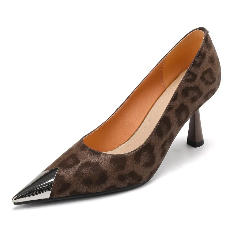Women's low-cut, all-season leopard print cowhide leather pointed-toe high heels for spring and autumn, slip-on style, slimming stiletto heels