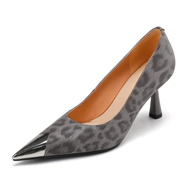 Women's low-cut, all-season leopard print cowhide leather pointed-toe high heels for spring and autumn, slip-on style, slimming stiletto heels