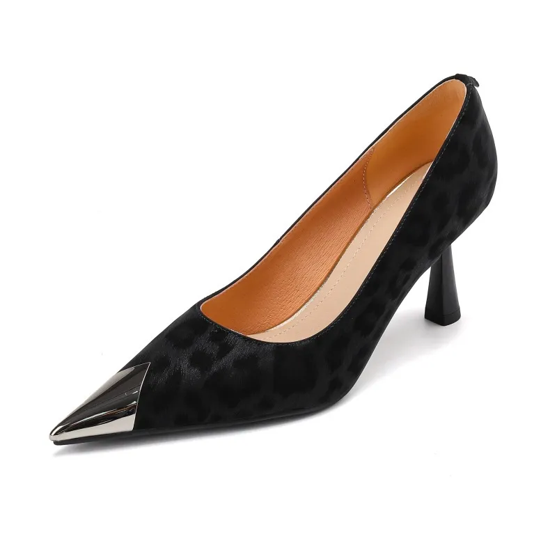 Women's low-cut, all-season leopard print cowhide leather pointed-toe high heels for spring and autumn, slip-on style, slimming stiletto heels