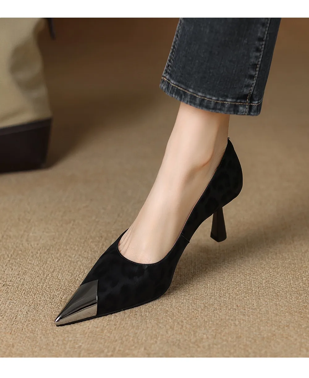 Women's low-cut, all-season leopard print cowhide leather pointed-toe high heels for spring and autumn, slip-on style, slimming stiletto heels