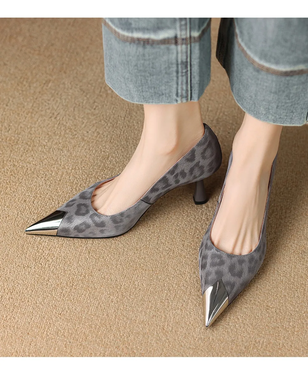 Women's low-cut, all-season leopard print cowhide leather pointed-toe high heels for spring and autumn, slip-on style, slimming stiletto heels