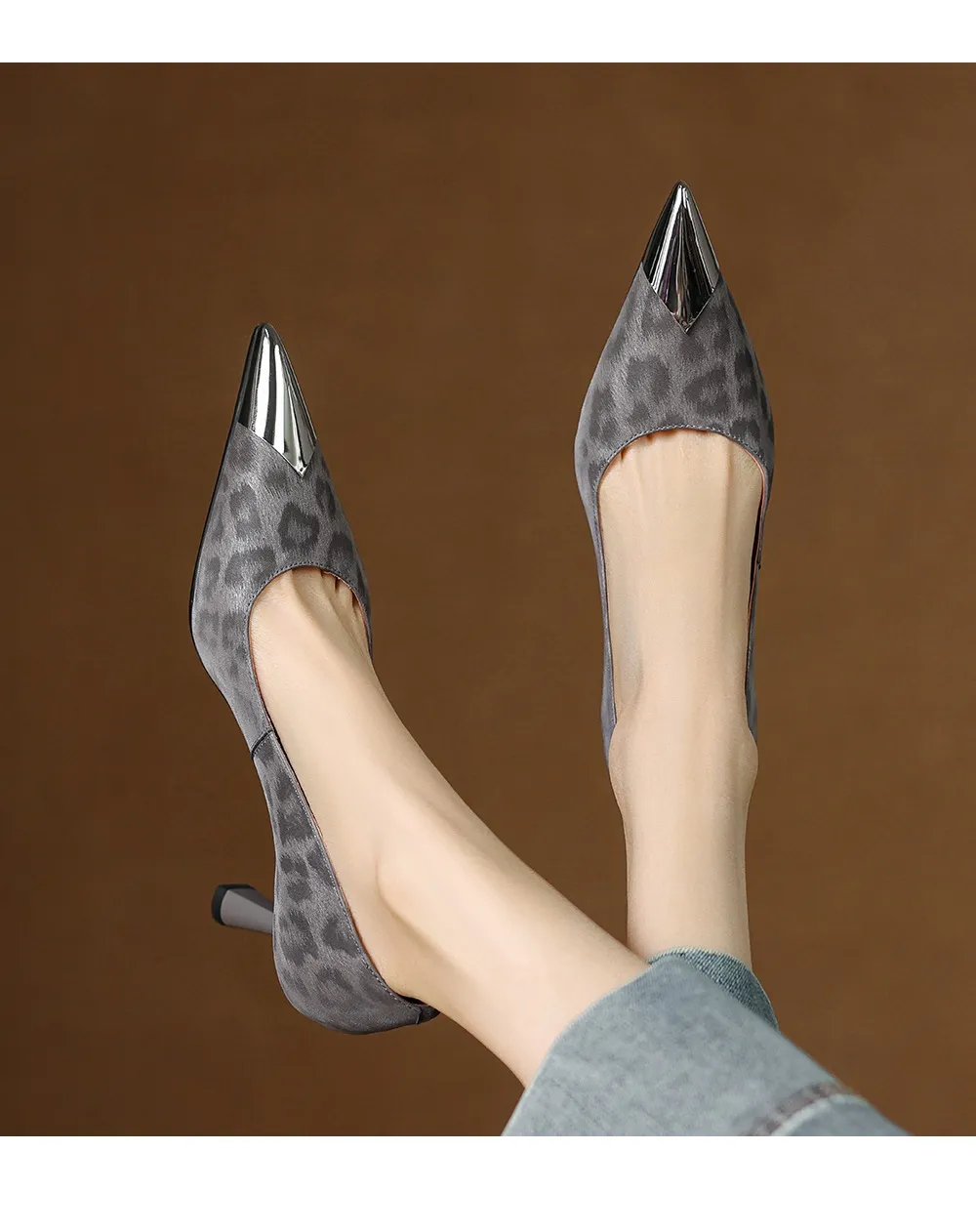 Women's low-cut, all-season leopard print cowhide leather pointed-toe high heels for spring and autumn, slip-on style, slimming stiletto heels