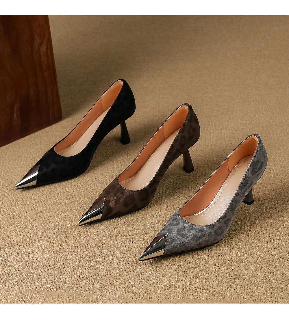 Women's low-cut, all-season leopard print cowhide leather pointed-toe high heels for spring and autumn, slip-on style, slimming stiletto heels