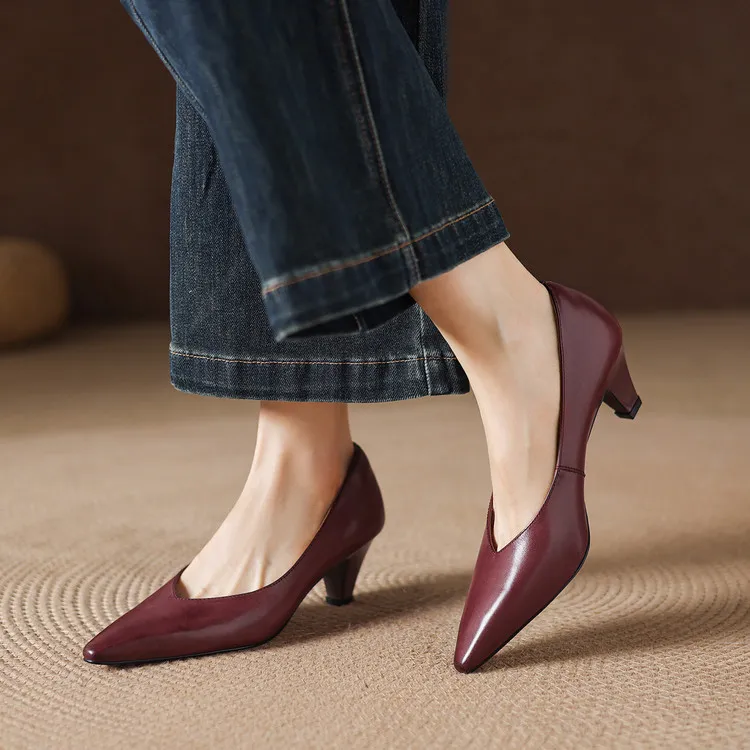Early spring single shoes, low-cut chunky heel high heels, cowhide fashion women's shoes, sizes 3-6L