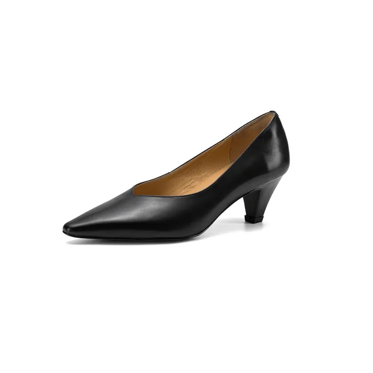 Early spring single shoes, low-cut chunky heel high heels, cowhide fashion women's shoes, sizes 3-6L
