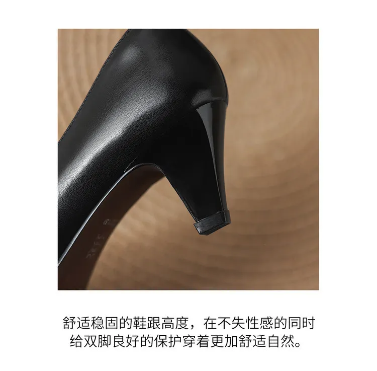 Early spring single shoes, low-cut chunky heel high heels, cowhide fashion women's shoes, sizes 3-6L