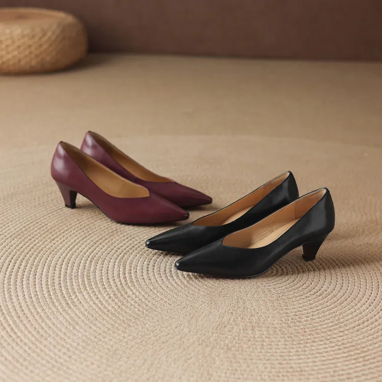 Early spring single shoes, low-cut chunky heel high heels, cowhide fashion women's shoes, sizes 3-6L