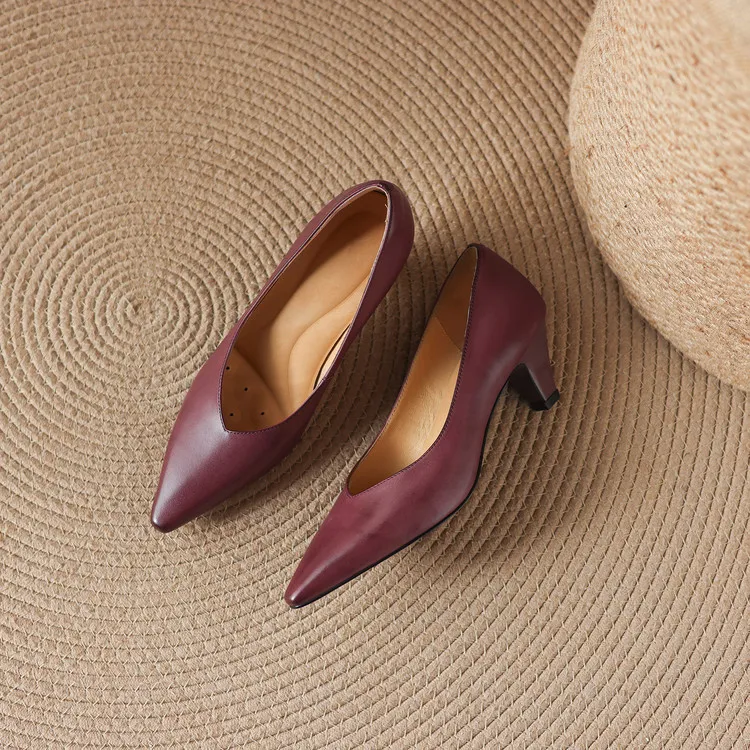 Early spring single shoes, low-cut chunky heel high heels, cowhide fashion women's shoes, sizes 3-6L