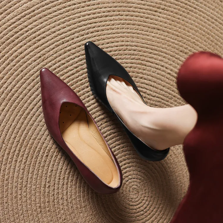 Early spring single shoes, low-cut chunky heel high heels, cowhide fashion women's shoes, sizes 3-6L
