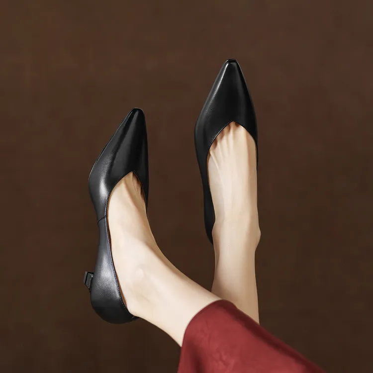 Early spring single shoes, low-cut chunky heel high heels, cowhide fashion women's shoes, sizes 3-6L