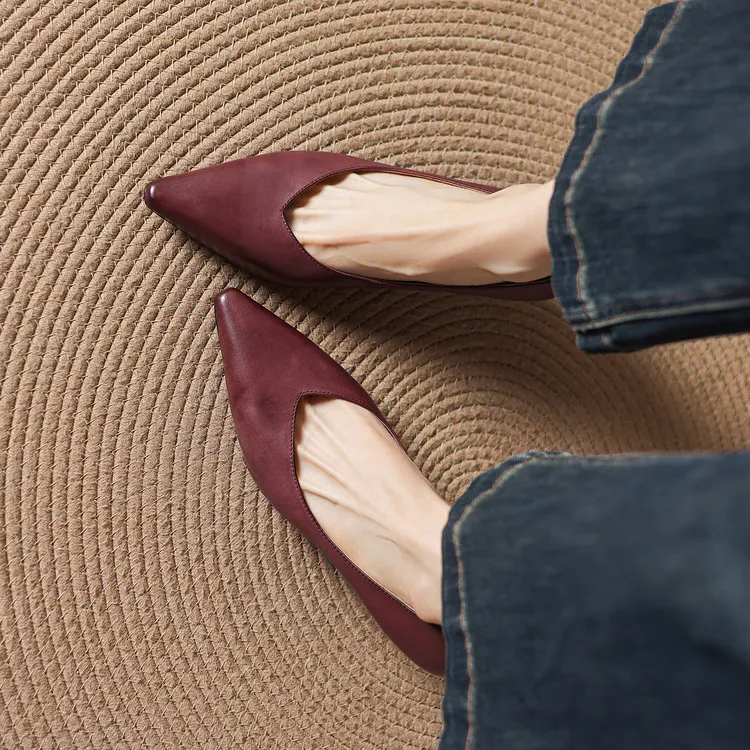 Early spring single shoes, low-cut chunky heel high heels, cowhide fashion women's shoes, sizes 3-6L