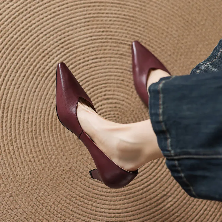 Early spring single shoes, low-cut chunky heel high heels, cowhide fashion women's shoes, sizes 3-6L