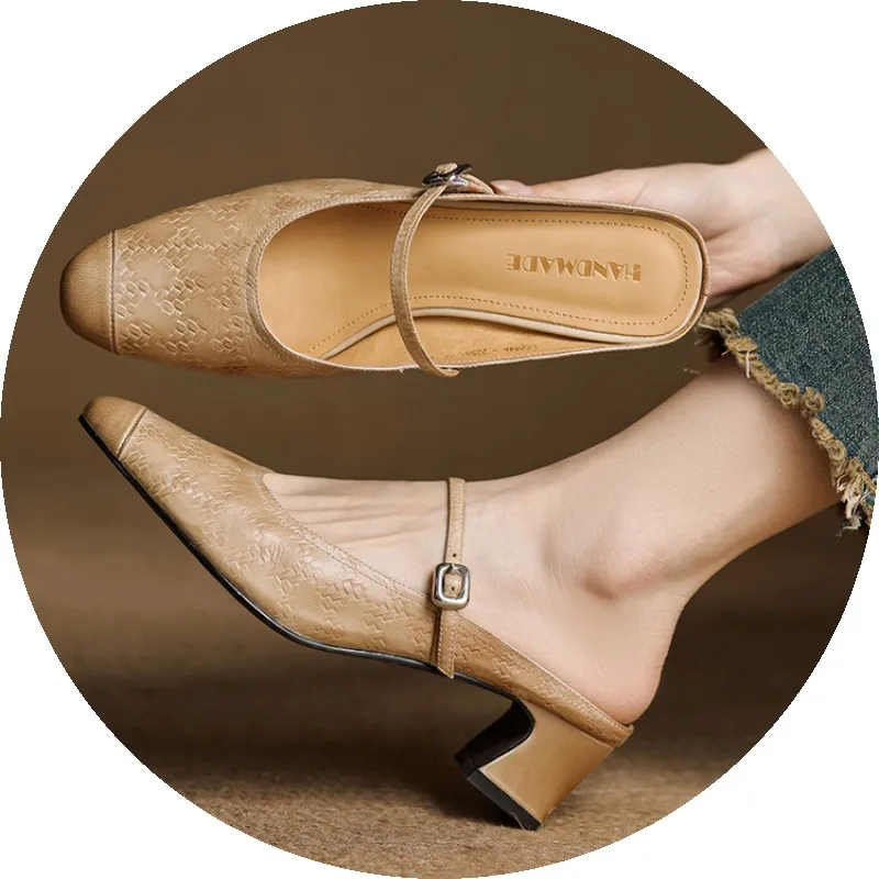 Spring/Summer One-Strap Half-Slip Sandals, Retro Closed-Toe Sandals, Chunky High-Heeled Mules