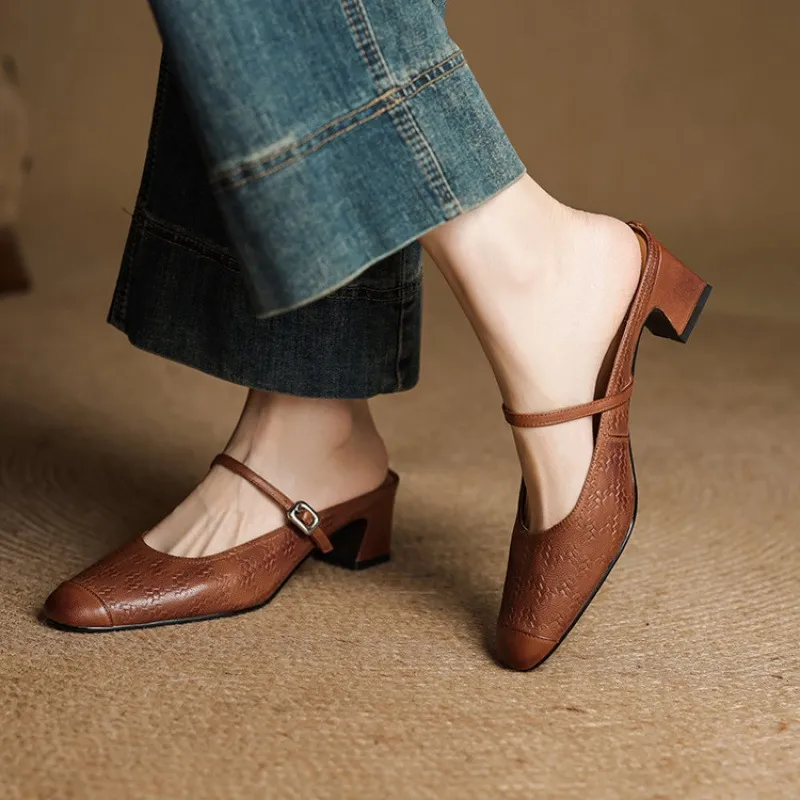 Spring/Summer One-Strap Half-Slip Sandals, Retro Closed-Toe Sandals, Chunky High-Heeled Mules