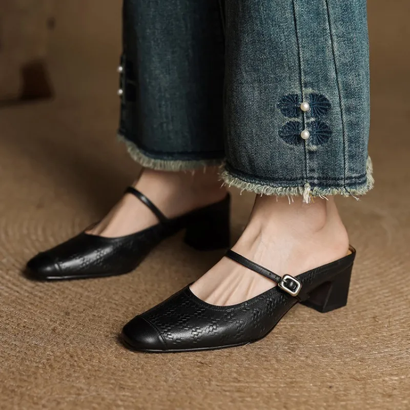 Spring/Summer One-Strap Half-Slip Sandals, Retro Closed-Toe Sandals, Chunky High-Heeled Mules