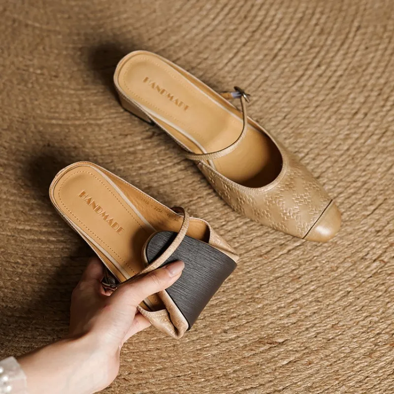 Spring/Summer One-Strap Half-Slip Sandals, Retro Closed-Toe Sandals, Chunky High-Heeled Mules