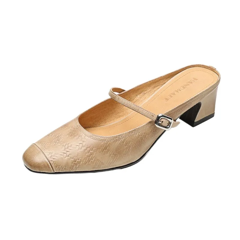 Spring/Summer One-Strap Half-Slip Sandals, Retro Closed-Toe Sandals, Chunky High-Heeled Mules